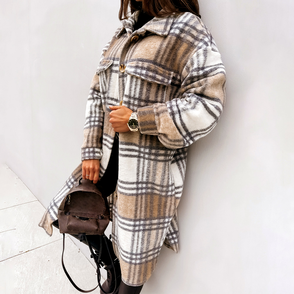 Women Vintage Warm Shirt Jacket Autumn Winter Plaid Long Shirt Jacekt Casual Loose Buttons Pockets Turn down Shirt Coat