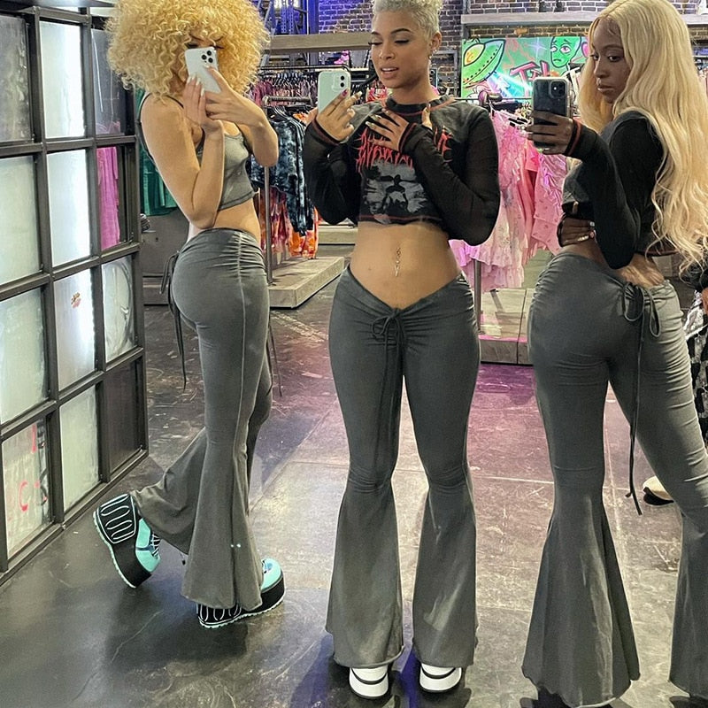 New Y2K Low Waist Flare Pants Women Drawstring Ruched uffed sexy Long Trousers Elastic Casual Streetwear Fashion Bandage Bottom