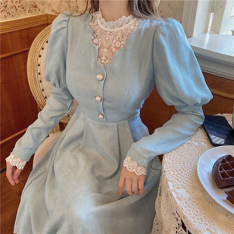 Solid Elegant Dress Women Winter Patchwork Lace Party Midi Dress Female Casual French Style Sweet Kawaii Korean 2021 Women Dress