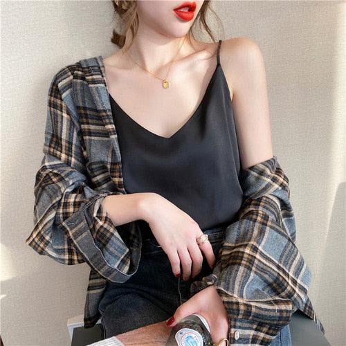 Korean Silk Women Tops Camis Woman Satin Tank Top Fashion Lady V-Neck Camis Women Sleeveless White Tops Sexy Halter Top XXXL