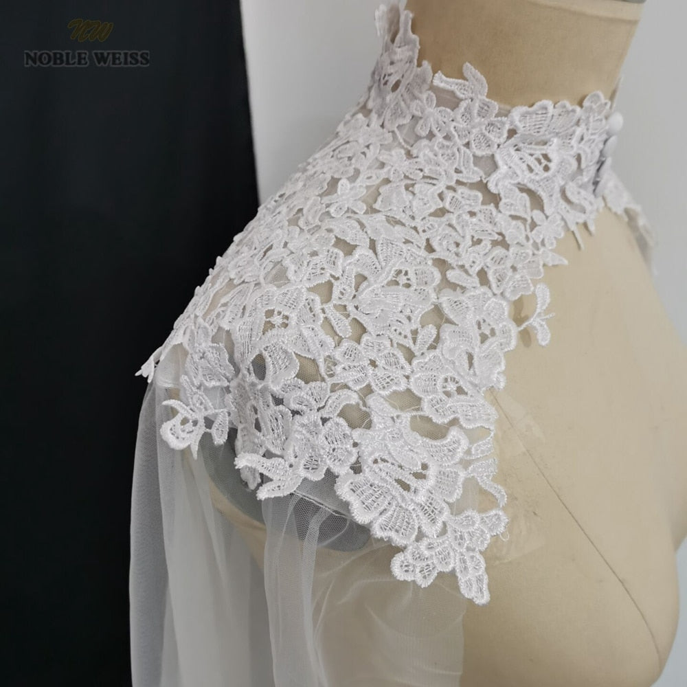Appliques Tulle Wedding Bridal Cape High Neck Long Cloak Cathedral Length Wedding Lace Long Bridal Accessories