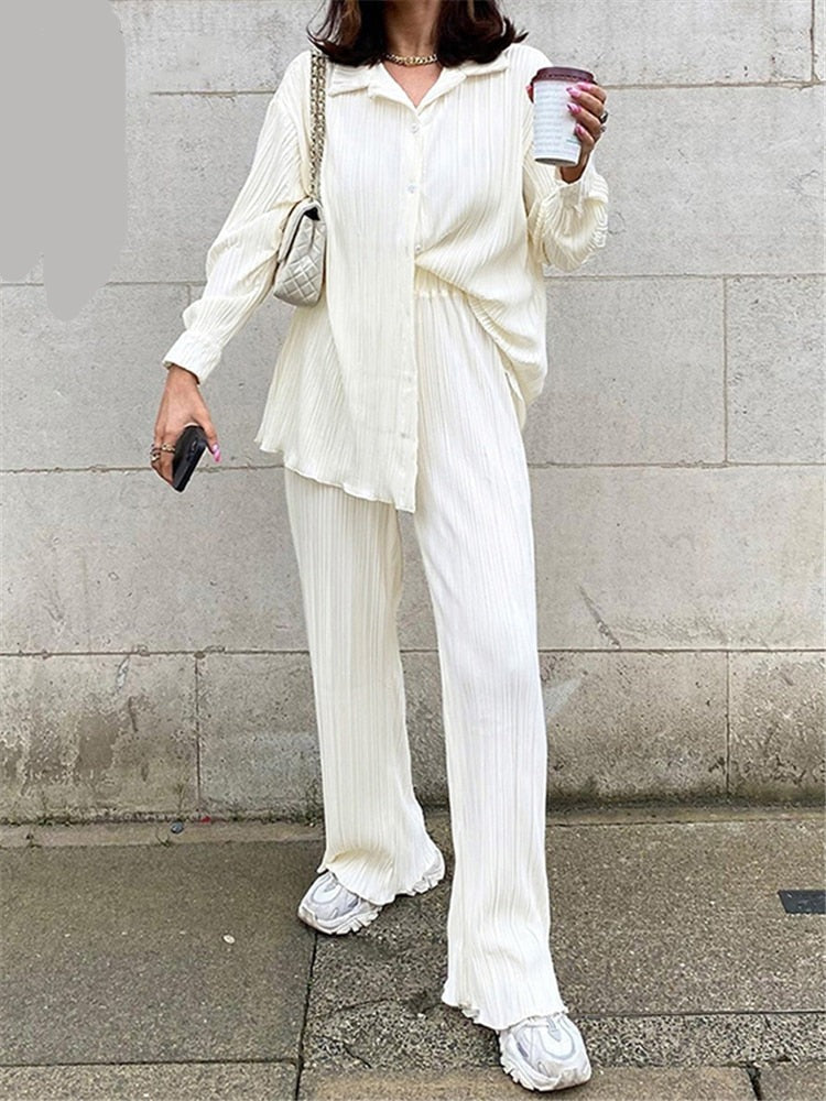 Lizakosht New Luxury Pleated Women's Set Oversized Two Piece Set Turn Down Collar Shirt Top And Pants Sets Casual High Street