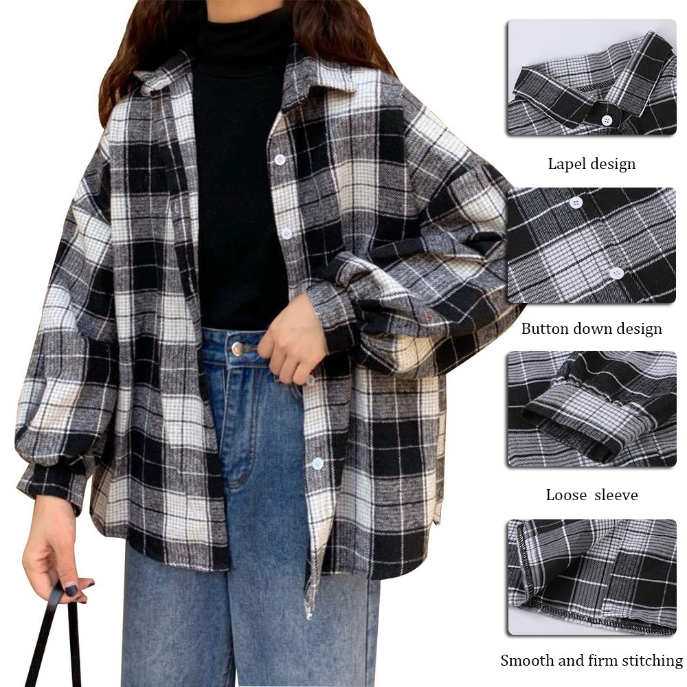 Women Vintage Warm Shirt Jacket Autumn Winter Plaid Long Shirt Jacekt Casual Loose Buttons Pockets Turn down Shirt Coat