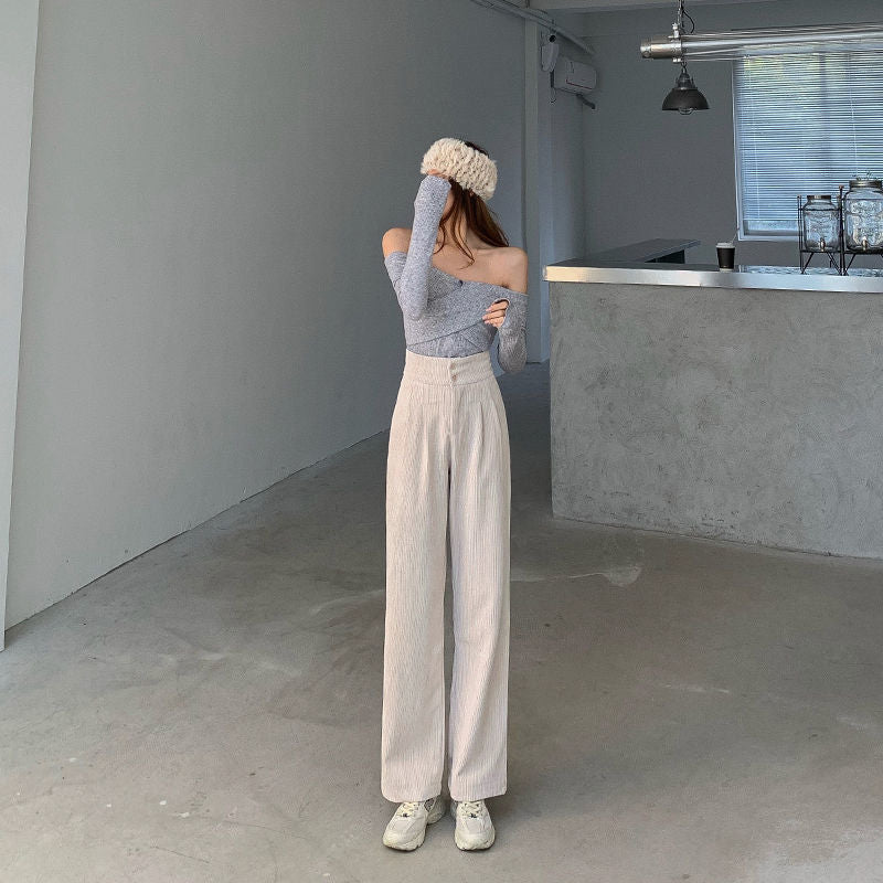Hstar High Waist Double Button Loose Female Straight Leg Trousers Casual Pantalon Femme Pant Fashion Women Corduroy Long Pant