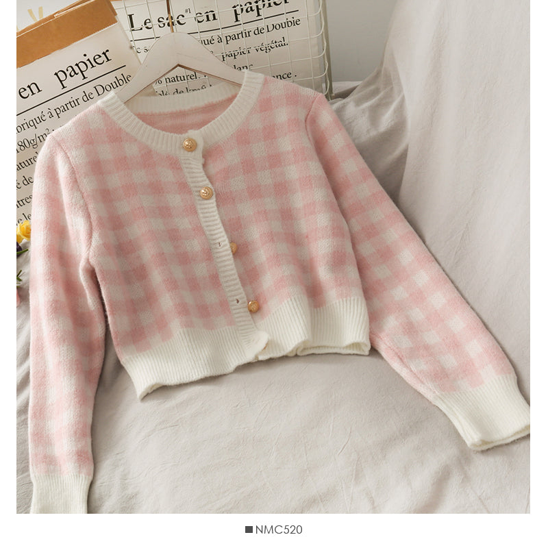 Sweet Plaid Three-Piece Women's New O Neck Single-Breasted Long-Sleeved Loose Sweater with Short Strap two piece set skirt