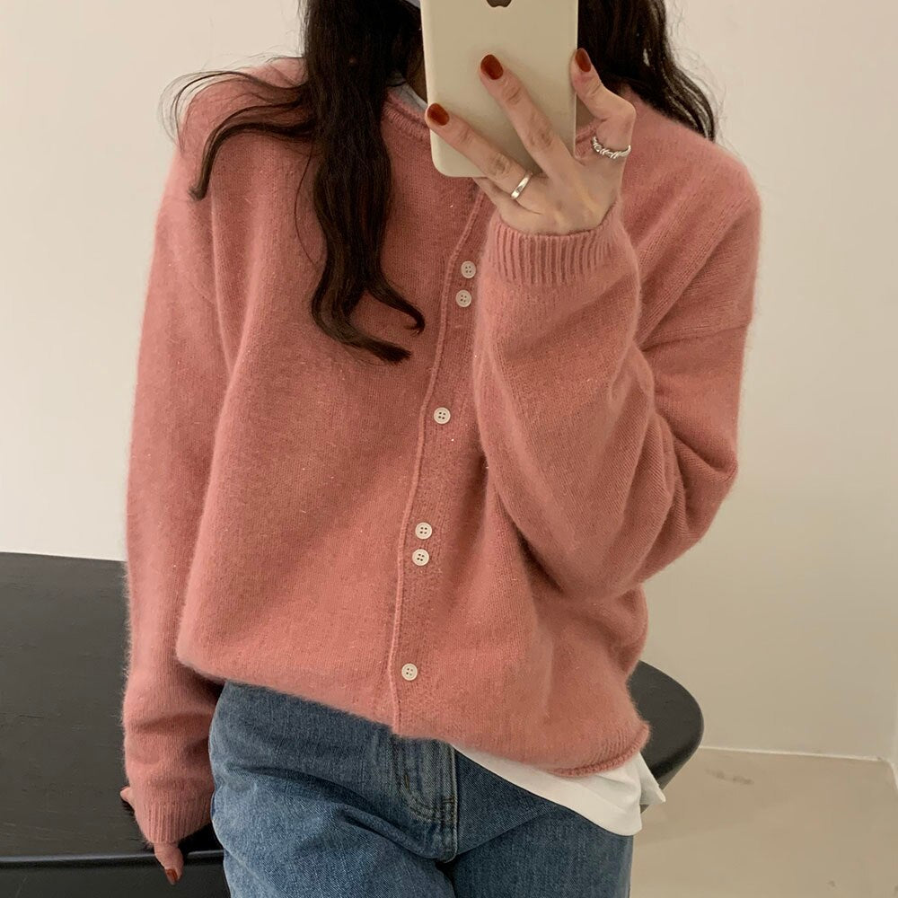 Women Knitting Sweater Round Neck Long Sleeve Korean Fashion Warm Autumn Winter Casual Simplicity Single Breasted