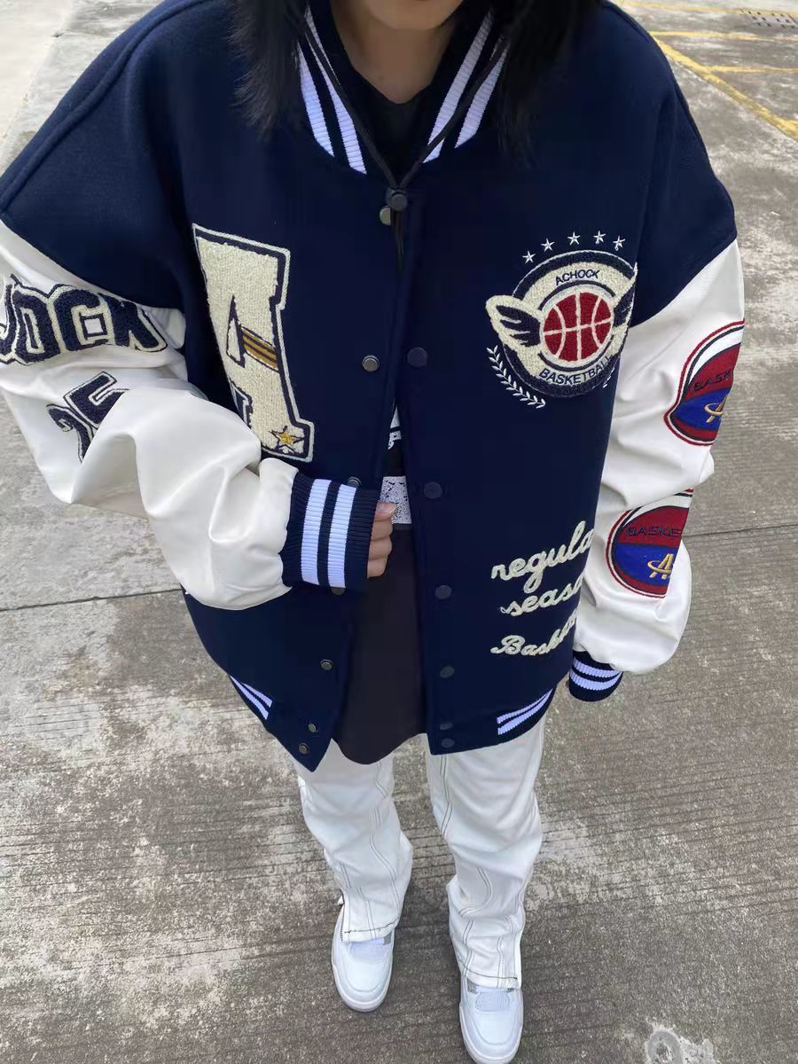 American retro letter embroidery flocking Y2K street hip-hop baseball uniform jacket female new college style couple outfit