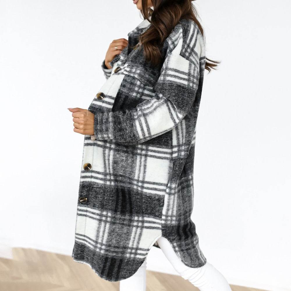 Winter Checked Women Jacket Turn Down Overcoat Warm Plaid Long Coat Oversize Thick Woolen Blends Female Streetwear