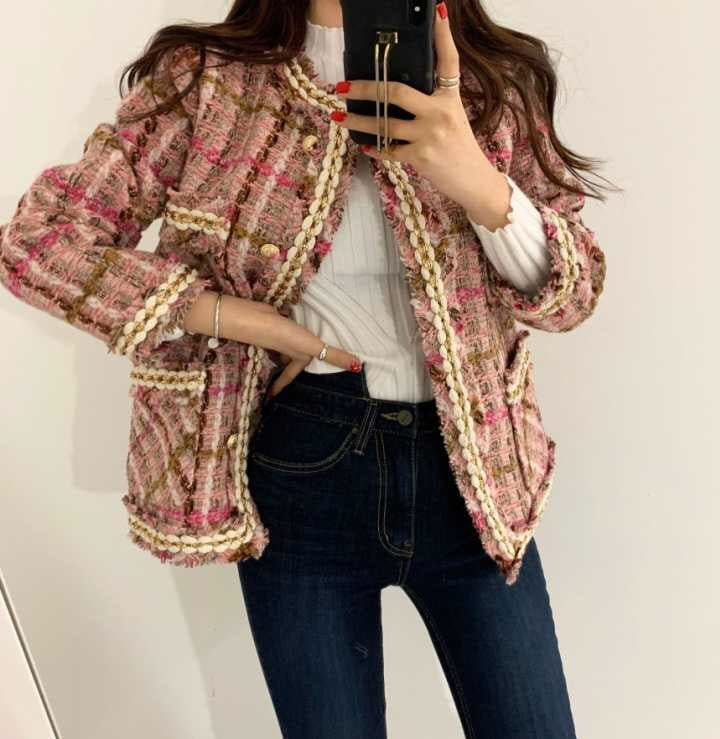 Lizakosht  Knitting Slim Woolen Jackets Women Vintage Tweed Coat Outerwear Coats Channel Style Za Suit Cropped Stripeed Kawaii