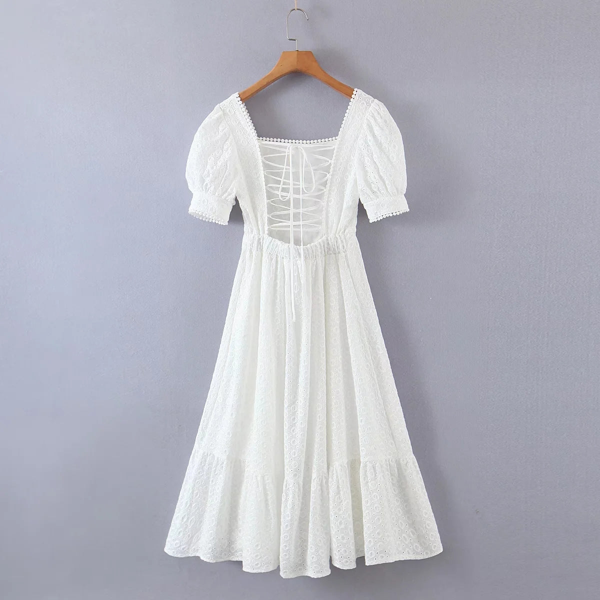 Elegant Embroidery Lace Dress Vintage White Summer Women Dresses Puff Sleeve Bandage Ladies Party Woman Dress Vestidos