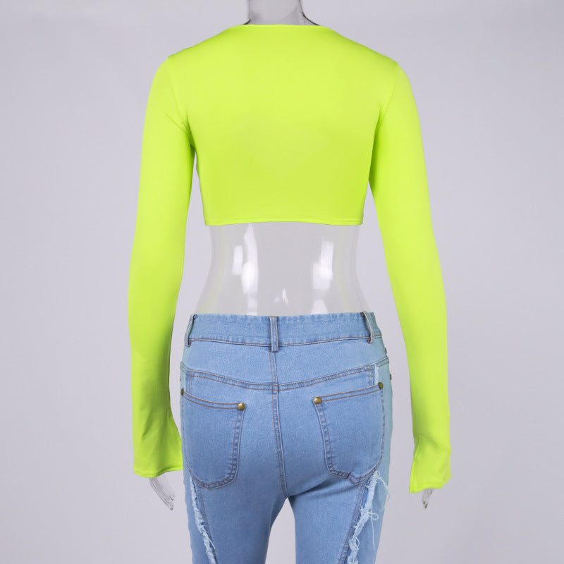 Fall Fashion Tops Women 2022  Long Sleeve Bodycon Top Green Cut Out Sexy Crop Top Blouses Slim Fit for Party Club