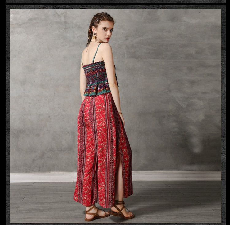 Summer Beach Fashion Bohemian Printed Wide Leg Pants Women Casual Cotton Linen Bottoms Thailand India Retro Split Loose Trousers