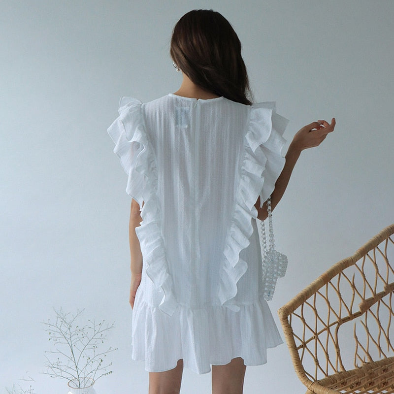 Ruffles Straight Dress Women Cotton Vintage Summer Party Dress Loose O-Neck Butterfly Sleeve Elegant Dress Cocktail Sexy Club