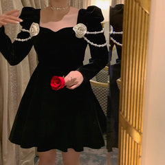 Velvet Vintage Elegant Dress Women 2022 Flower French Evening Party Mini Dresses Ladies Black Casual Korean Style Dress Winter