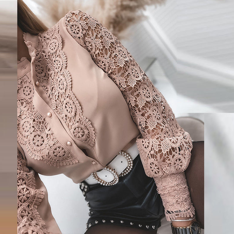 Lizakosht  Elegant Stand Collar Button Lace Blouse Women Sexy Hollow Out Design Top Shirt 2021 Spring Petal Sleeve Office Lady Casual Blusa