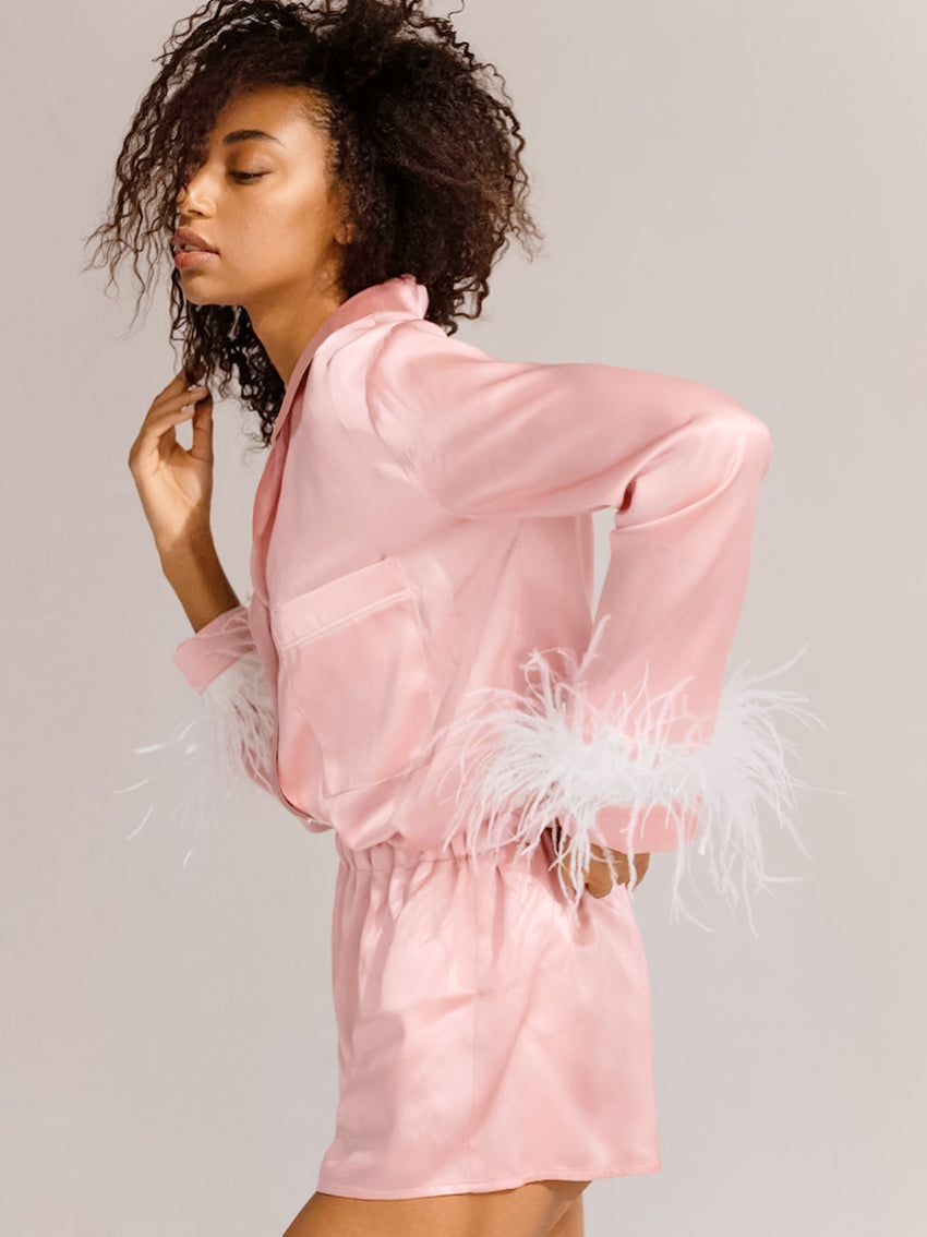 Lizakosht  Feathers Pajamas Women 2 Piece Set Long Sleeve Turn Down Collar Top Pockets Autumn Casual Night Suits With Shorts Satin