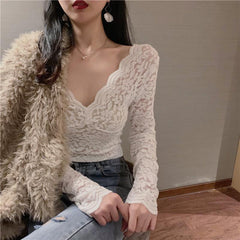 Bella Philosophy Wonder Sexy Lace Long Sleeve Blouse Female V-neck Tops Korean Fashion Lady Transparent Korean Bottoming Blouses