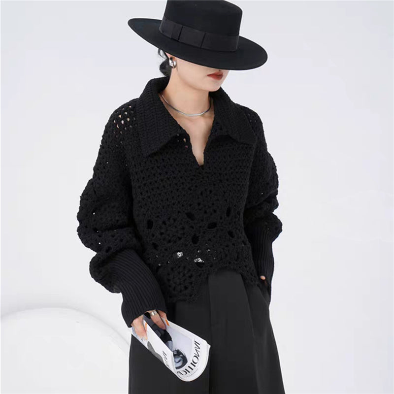 New  Spring Autumn Women Sweater Pullovers Knitted Korean Fashion Hollow Out Irregular Jumpers Short Tops