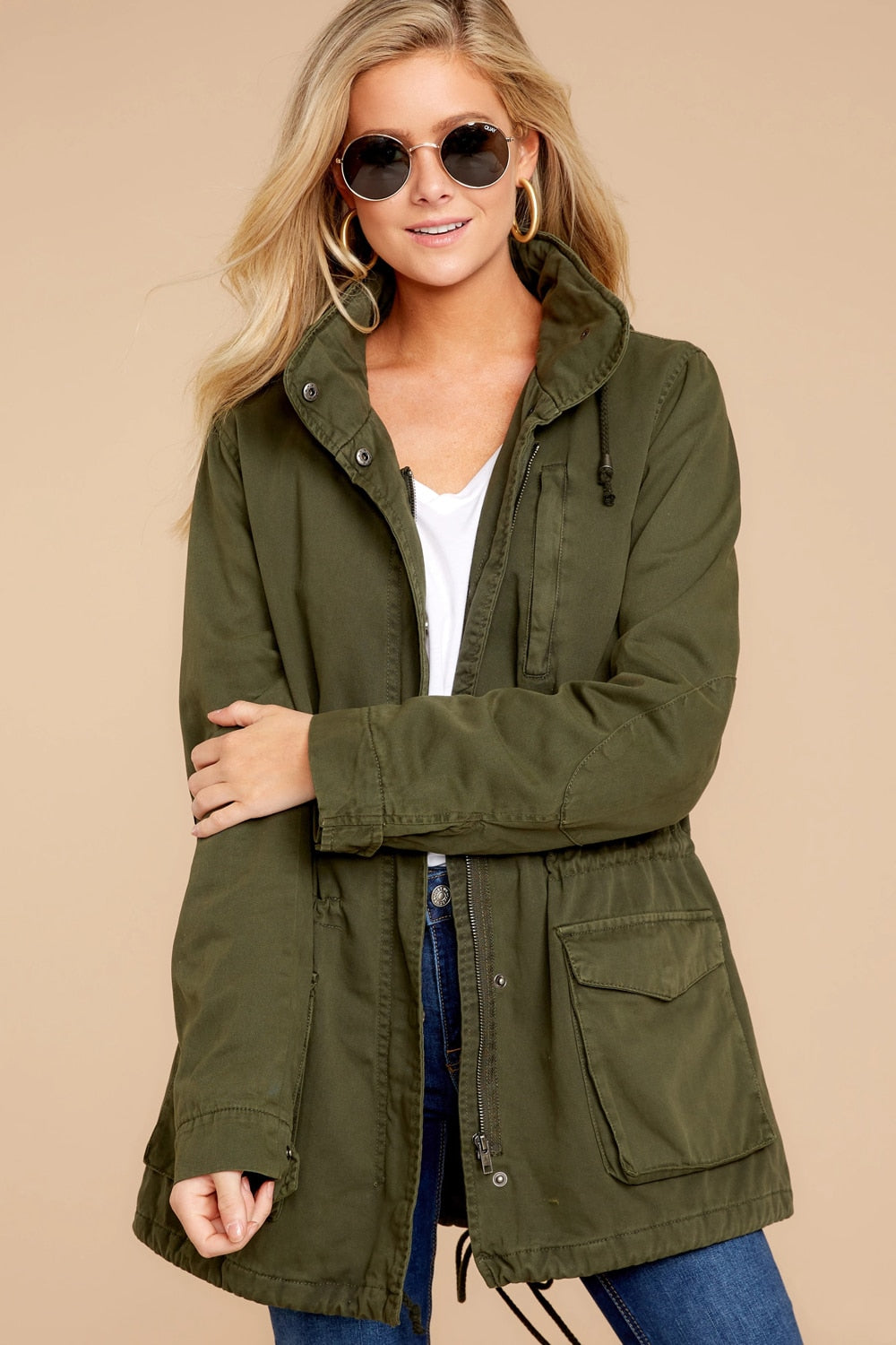 Lizakosht Military Jacket Women Hooded Windbreaker Autumn Winter Female Long Sleeve Outerwear Casual Streetwear Stand Collar Zip Up Jacket