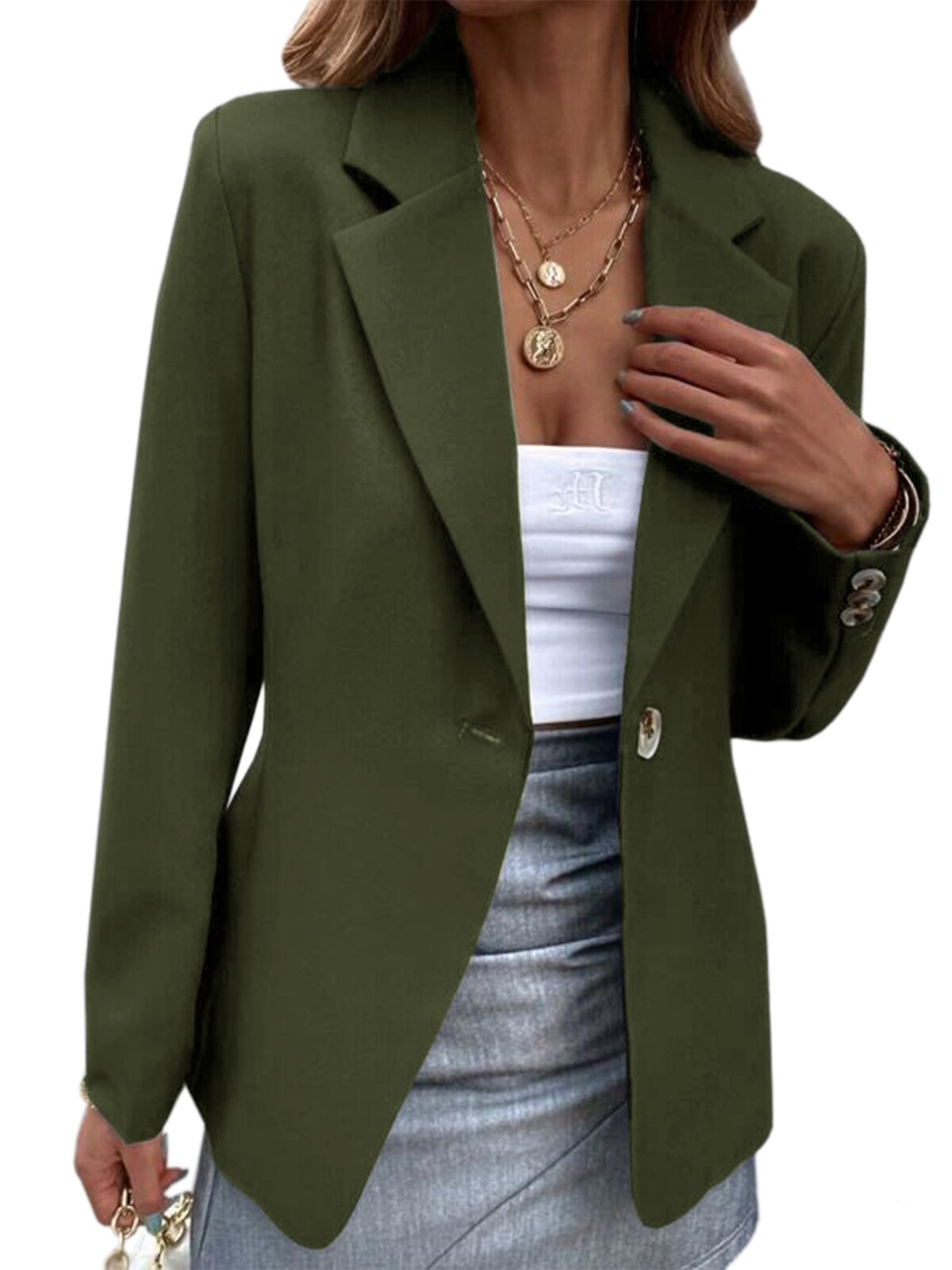 Lapel Collar Blazer Women Long Sleeve Elegant Button Down Office Lady Jacket Spring Autumn Solid Color V Neck Vintage Blazers