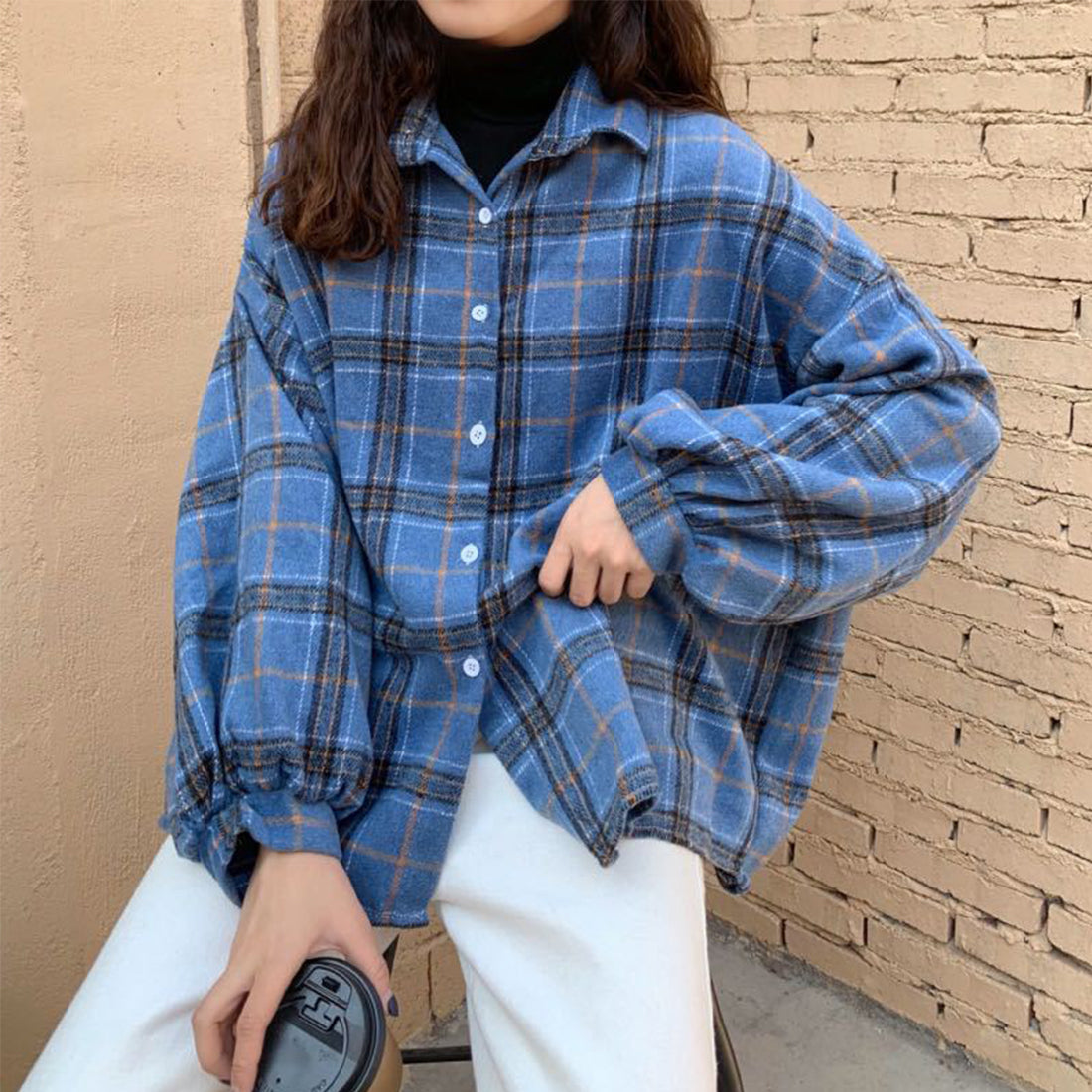 Women Vintage Warm Shirt Jacket Autumn Winter Plaid Long Shirt Jacekt Casual Loose Buttons Pockets Turn down Shirt Coat
