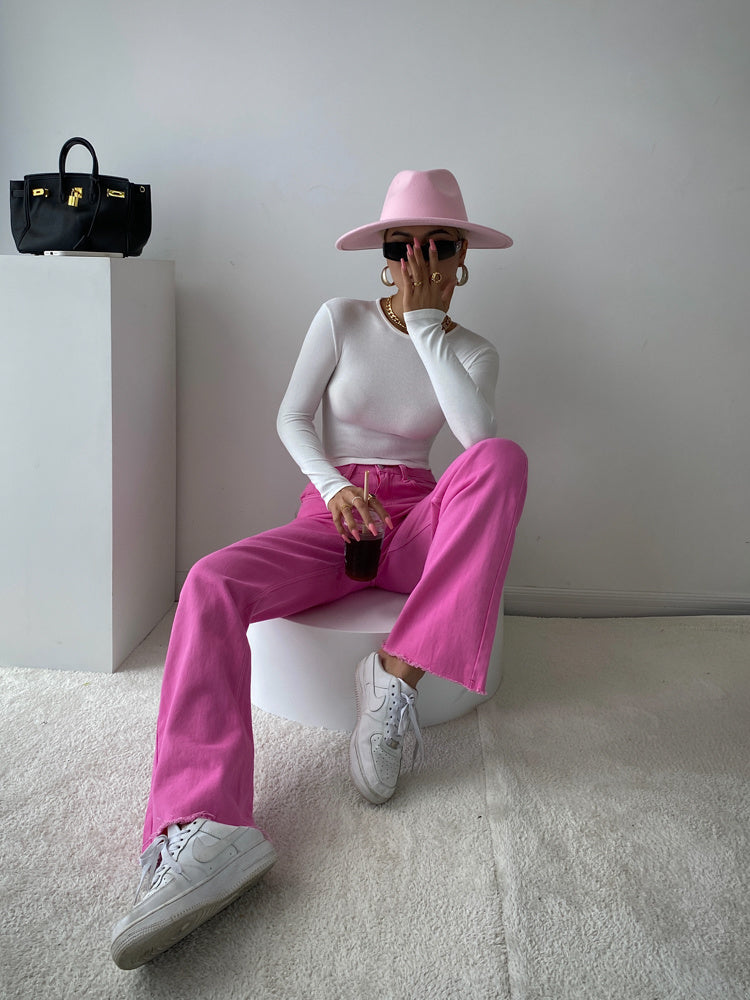 Candy Color High Waist Straight Wide Legs Pants Thin Jeans Women's Green Pants Denim Trousers Fashion Korean Women M8A