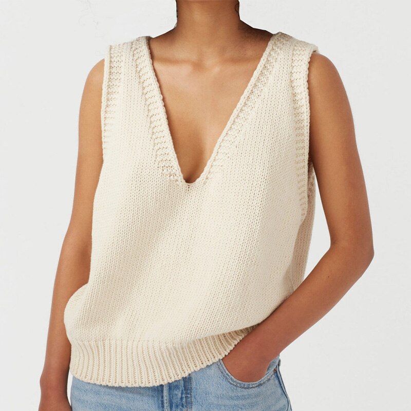 Autumn Knitted Sleeveless Women's Vest V-neck Solid White Female Vests New Fashion Casual Ladies Sweater Top