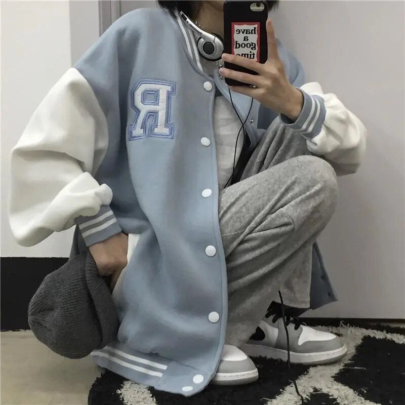 Baseball uniform male personality contrast color stitching loose brand retro style wild casual jacket autumn trend Korean coat