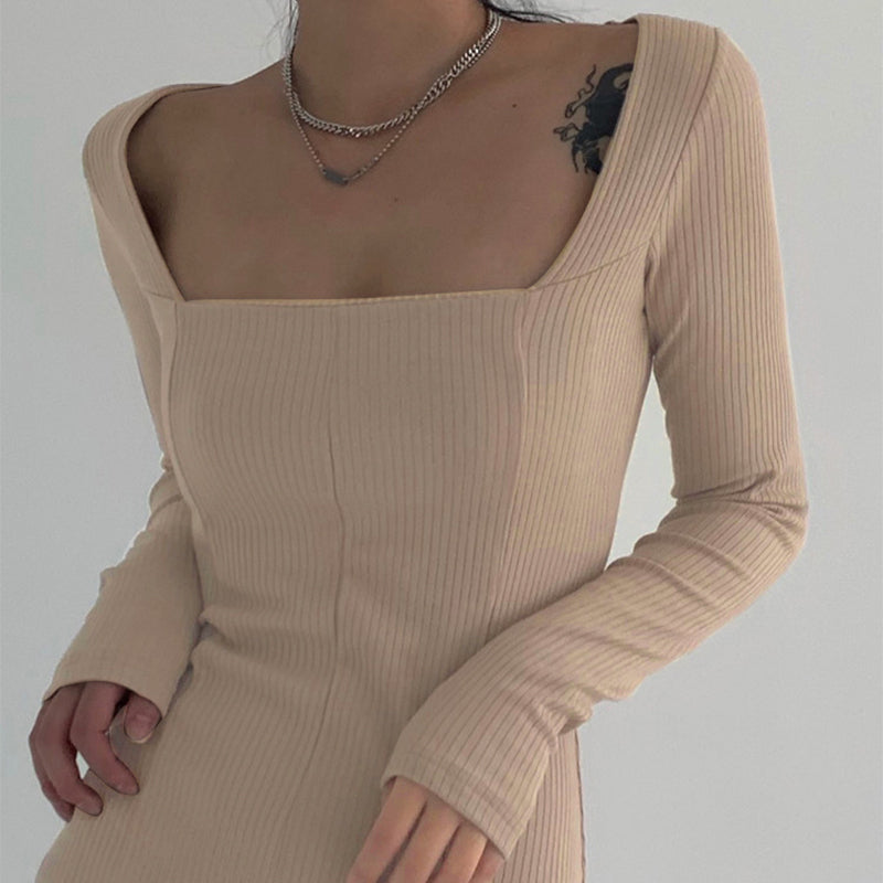 Lizakosht  Elegant Square Neck Ribbed Black Dress Female Knitted Side Split Bodycon Dress Long Sleeve Fashion Mini Dresses Basic