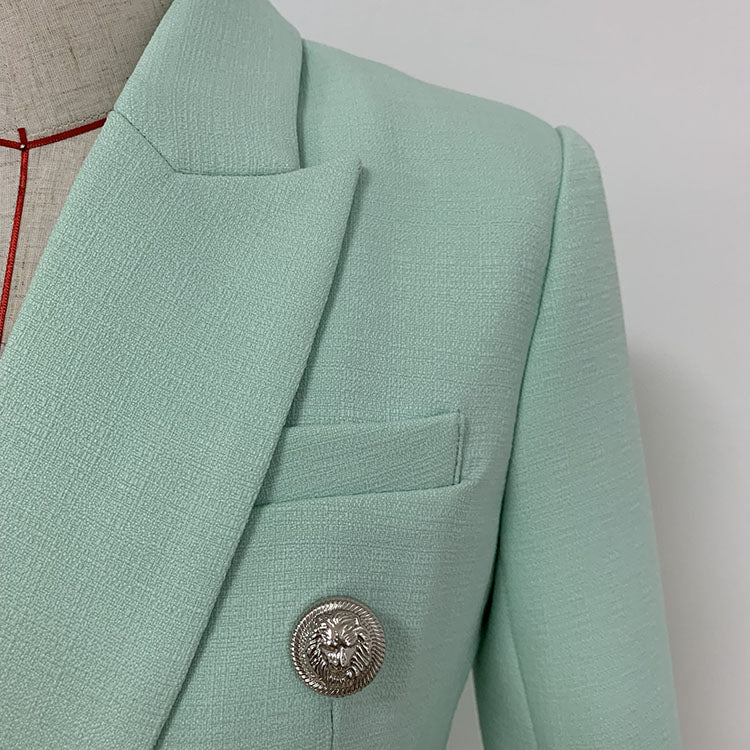 Lizakosht Classic Baroque Designer Blazer Jacket Women's Metal Lion Buttons Double Breasted Textured Blazer Mint Green