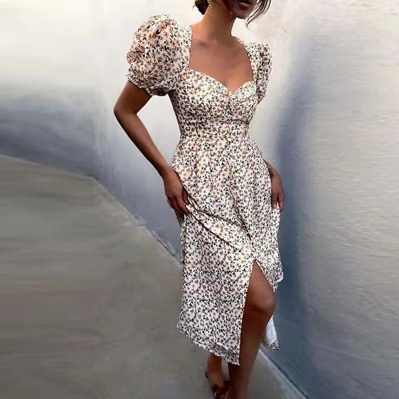 Summer Dress For Women 2022 Puff Sleeve Midi Dress Vintage Square Neck Floral Print Split Sundress Holiday Casual Dresses Women