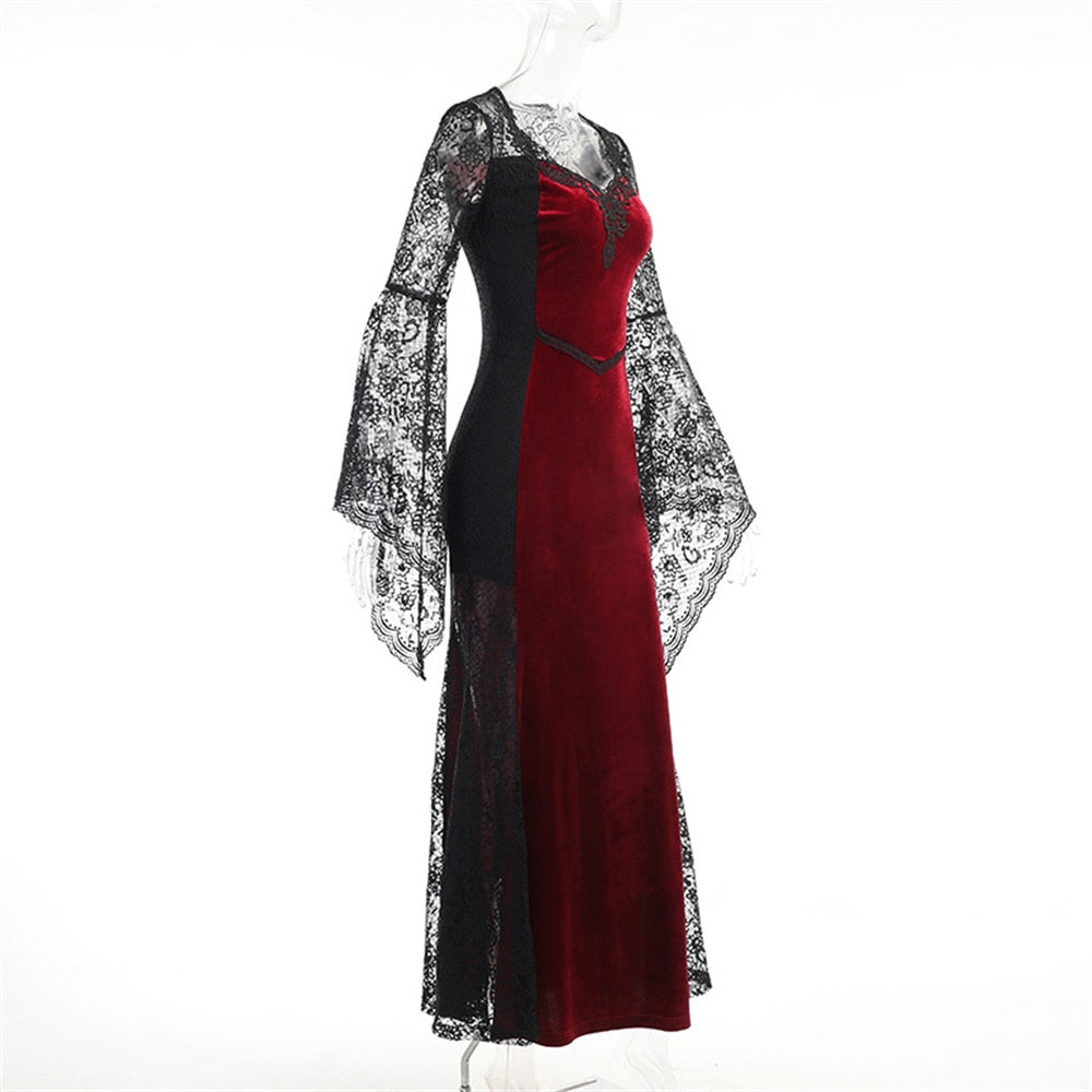 Gothic Dark Mesh Midi Dress Women Victorian Costume Velvet Robe Renaissance Witch Medieval Dresses Cosplay Wizard Halloween Y2k