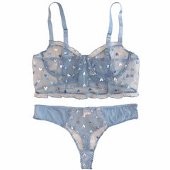 Fantasy blue embroidery love transparent mesh sexy lingerie panty half cup gathered underwear set see-through thong bra