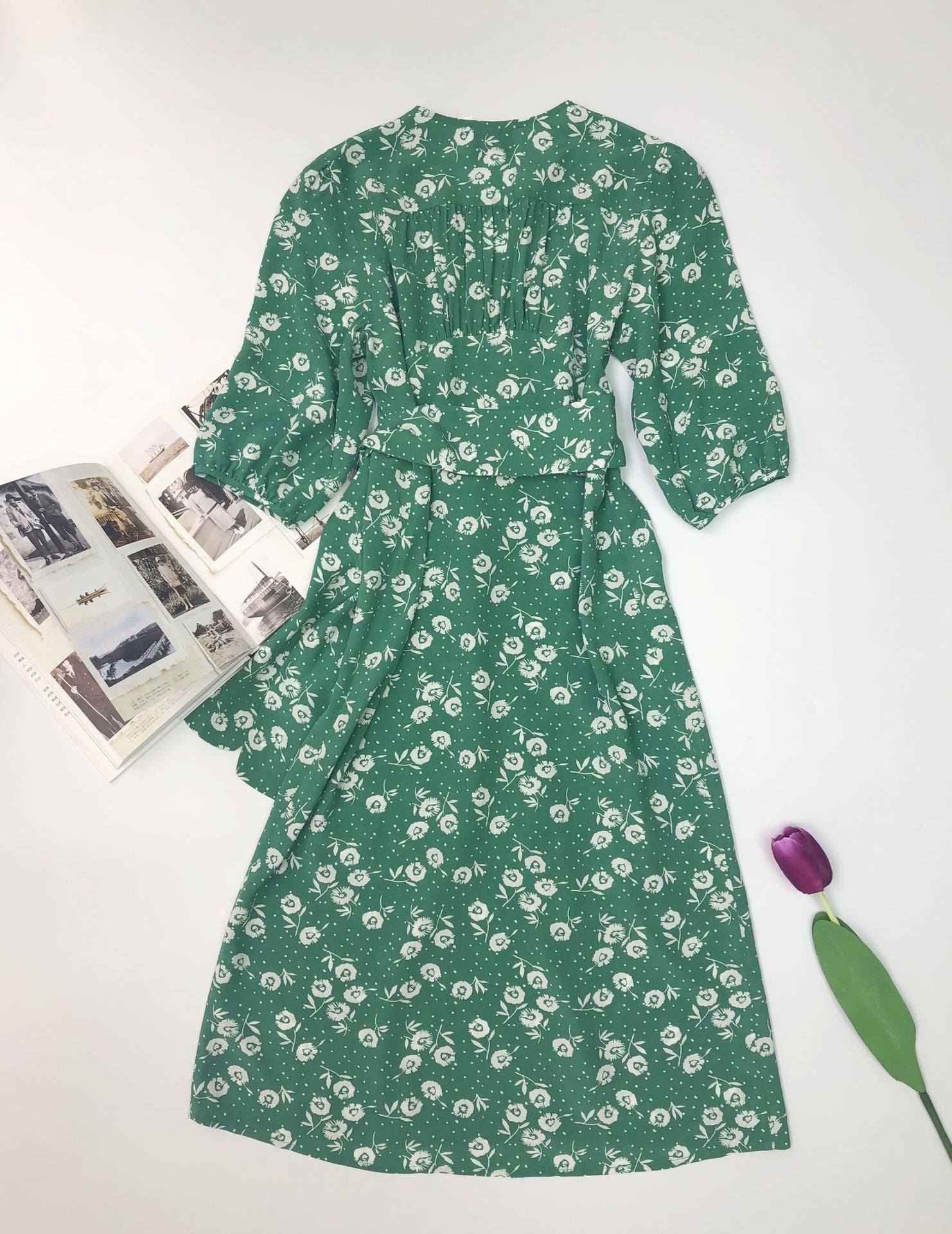 Lizakosht Women Dress New Vintage Floral printing Waist Wrap tea midi dress Long One-Piece Dress