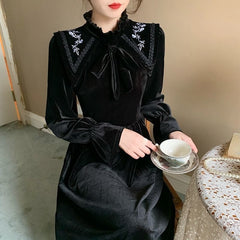Velvet One Piece Dress Korean Fashion Long Sleeve Black Y2k Midi Dress Evening Party Kawaii Clothing 2022 Vintage Elegant Dress