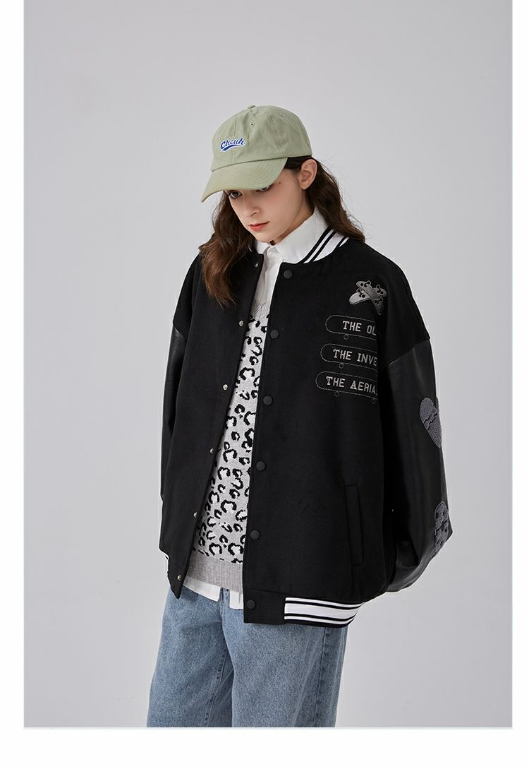 Splicing leather Bomber Jackets Women Coat Couple Baseball Jacket Autumn Unisex Boyfriend Style Varsity Hiphop Streetwear