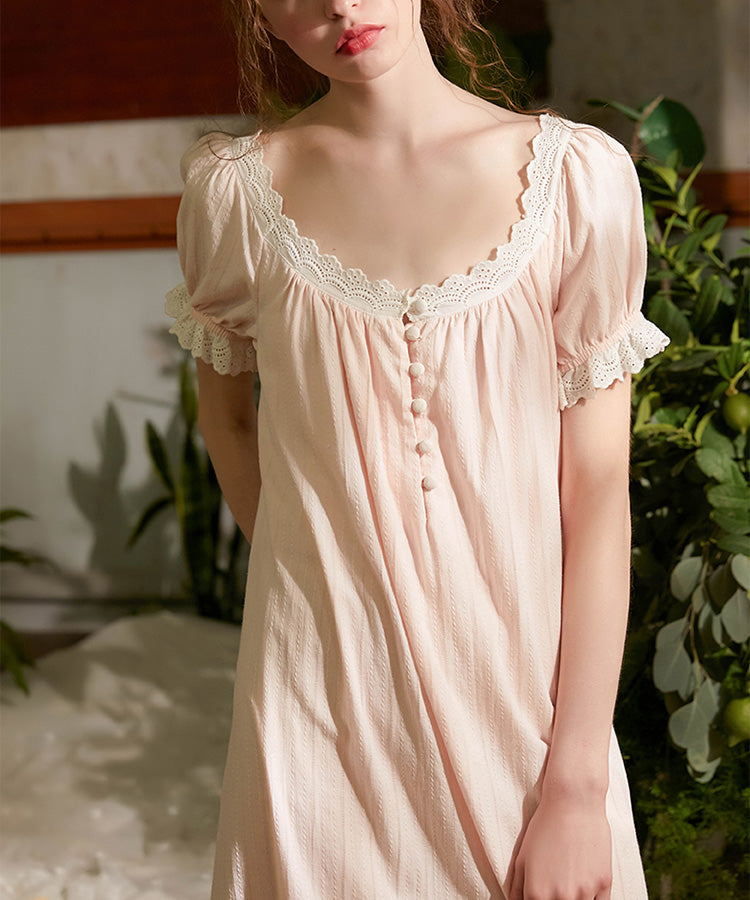 Summer Women‘s Cotton Pink Princess Sleepshirts Vintage Ladies Girls Lace Nightgowns Nightdress Cute Home Lounge Sleepwear