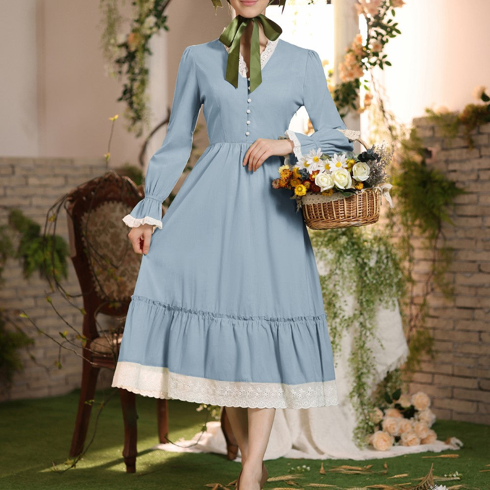 SD Women Renaissance Cotton Dress Puffed Long Sleeve V-Neck Flared A-Line Dress Women Vintage Solid Color Winter Dress Elegant