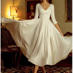 Wepbel Evening Formal Dress Robe Bustier V-neck Ball Dress Women Long Sleeve Slim Fits High Waist Swing Dress Solid Color