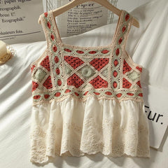 Lizakosht Patchwork Cropped Top Women Clothing Knitted Hollow Out Camisole Female Clothes Backless Lace Tops Ladies Tank-top Summer