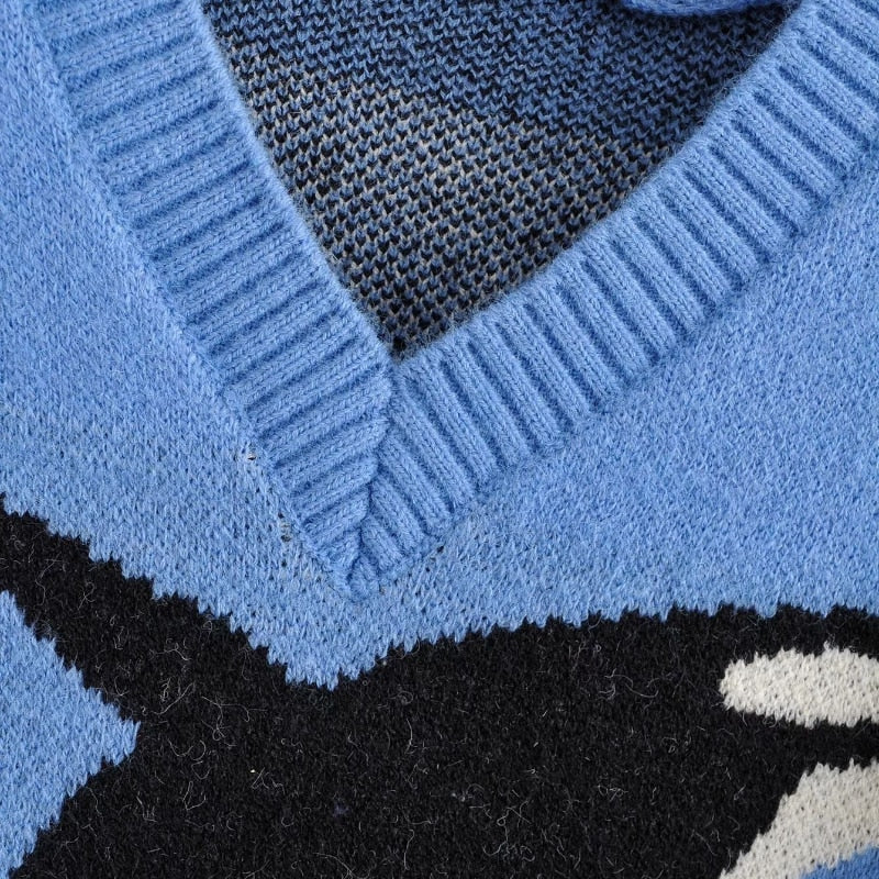 Vintage Y2K Loose Pullovers V-neck Autumn Aesthetic 2000s Knitwear Harajuku Print Blue Sweaters Cute Casual Streetwear