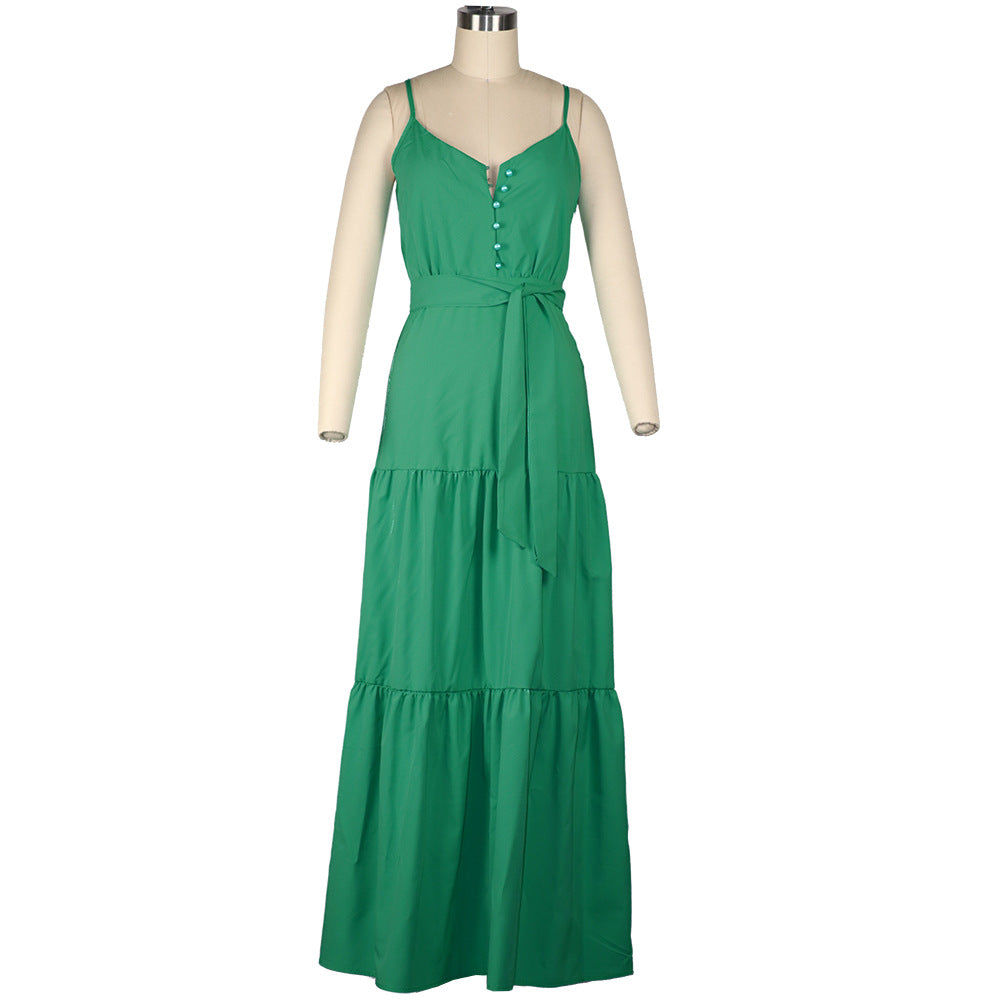 Summer Green Tunic Maxi Dress V Neck Robe Femme Belt Elegant Ruffles Party Long Dresses Spaghetti Strap Casual Vestidos Mujer
