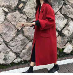 Fall New Korean Mid Length Cashmere Over The Knee Coat Women Red Woolen Coat High Quality Wool Coat Solid Color Woolen Coat
