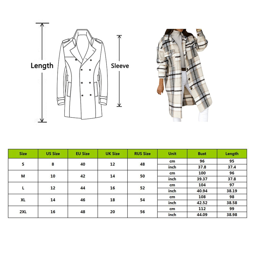 Winter Checked Women Jacket Turn Down Overcoat Warm Plaid Long Coat Oversize Thick Woolen Blends Female Streetwear