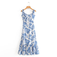 Bella 2022 new Elastic Summer Dress Vintage Floral Print Dress Woman Sexy Spaghetti Strap Tie Chiffon Elegant Ruffle Midi Dress