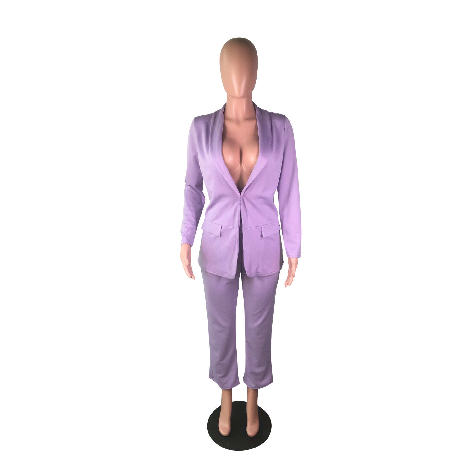 Classic Office Blazer Suit Two Piece Set 2021 Women Casual Commute Cropped Pants Suits Solid Color Mid Length Blazer with Pocket