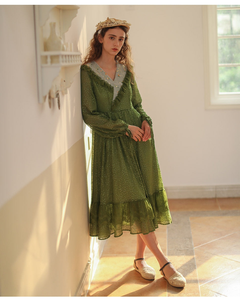 Lizakosht Green Dress SpringSummer Women Vintage Elegant Slim Long Sleeve Embroidery Lace V-Neck Cotton Long Dress ropa mujer talla grande