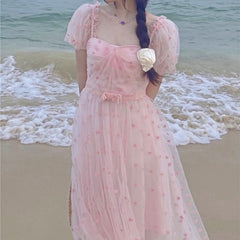 Pink Elegant Sweet Dress Women Kawaii Floral Casual Korean Pretty Dress Female Princess Designer Beach Fairy Dress Summer 2022