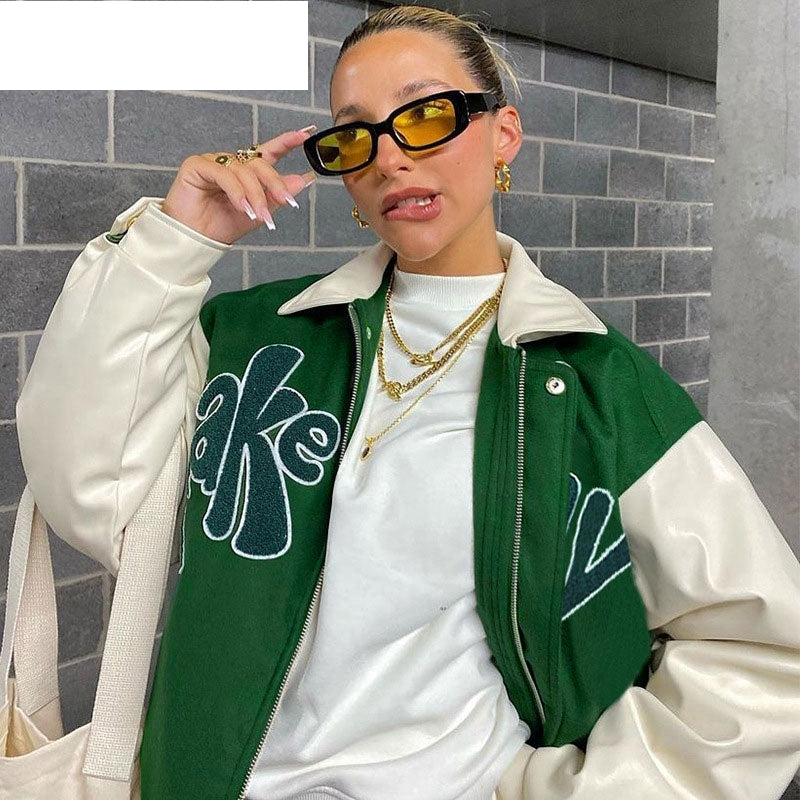 Autumn ‘TAKE A TRIP’ Bomber Jacket Women Grass Green Contrast Sleeve Bomber Jacket with Letter Applique Baseball Jacket