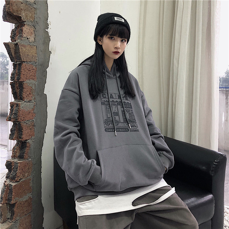 Hoodies Women Printed Thickening Hooded Plus Velvet BF Unisex Couples Pullover Sweatshirt Streetwear Hip-Hop All-match Oversize
